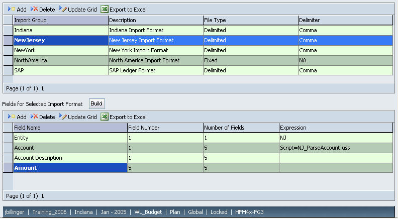 The image shows the Import Formats screen. The expression for the Amount row of the NewJersey import format contains the NJ_ParseAccount.uss script.